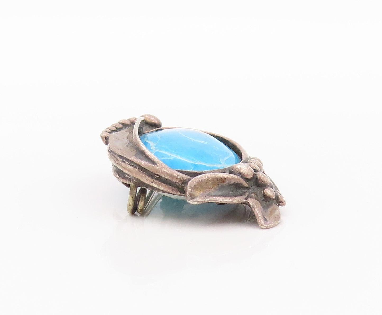 925 Sterling Silver Vintage Brooch Dark Tone Framed Oval Turquoise  BP11582