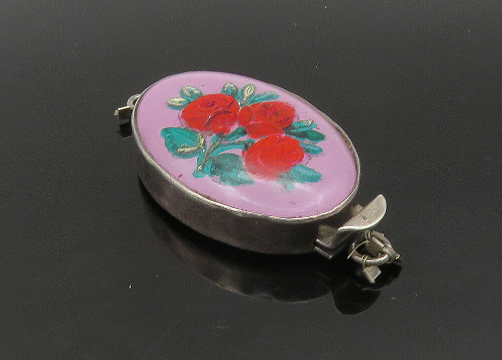 925 Sterling Silver  Vintage Enamel Floral Art Oval Trinket  TR3123