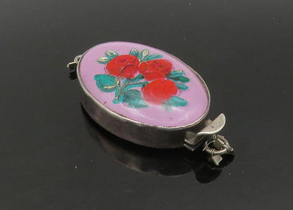 925 Sterling Silver  Vintage Enamel Floral Art Oval Trinket  TR3123