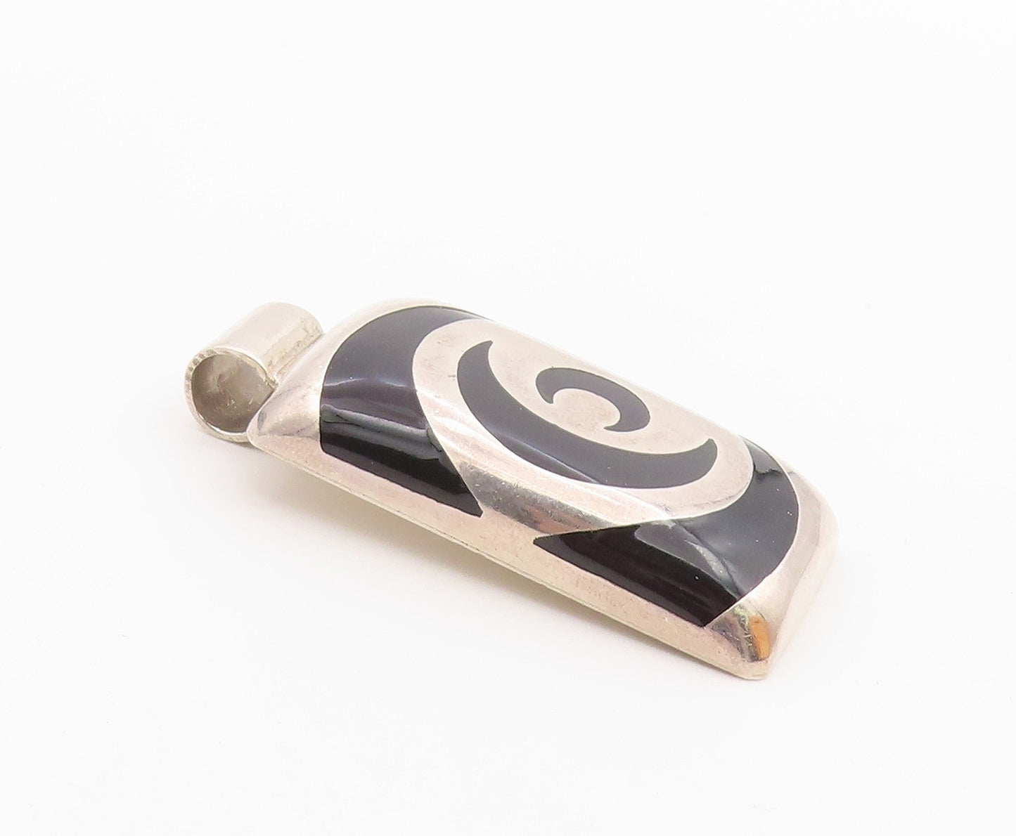 MEXICO 925 Sterling Silver  Vintage Inlaid Black Onyx Design Pendant BP3178