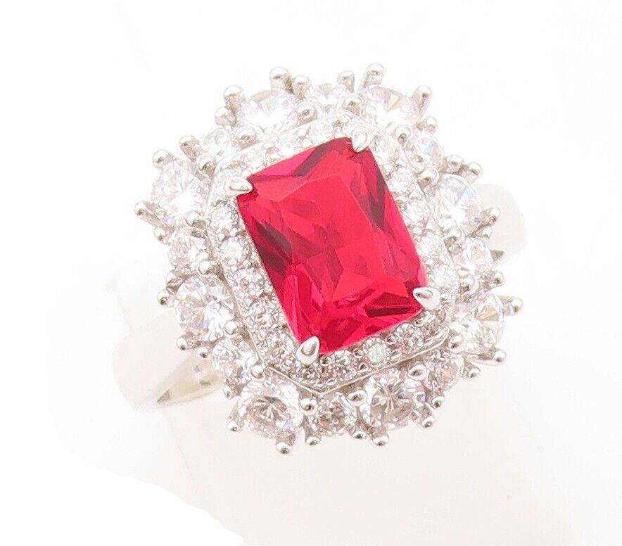 925 Sterling Silver Vintage Ring Rectangle Red Halo White CZ   Sz 7  RG30363