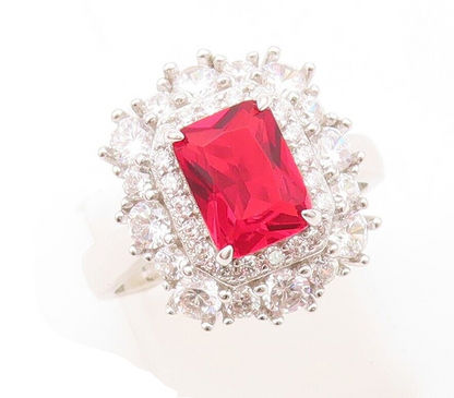 925 Sterling Silver Vintage Ring Rectangle Red Halo White CZ   Sz 7  RG30363