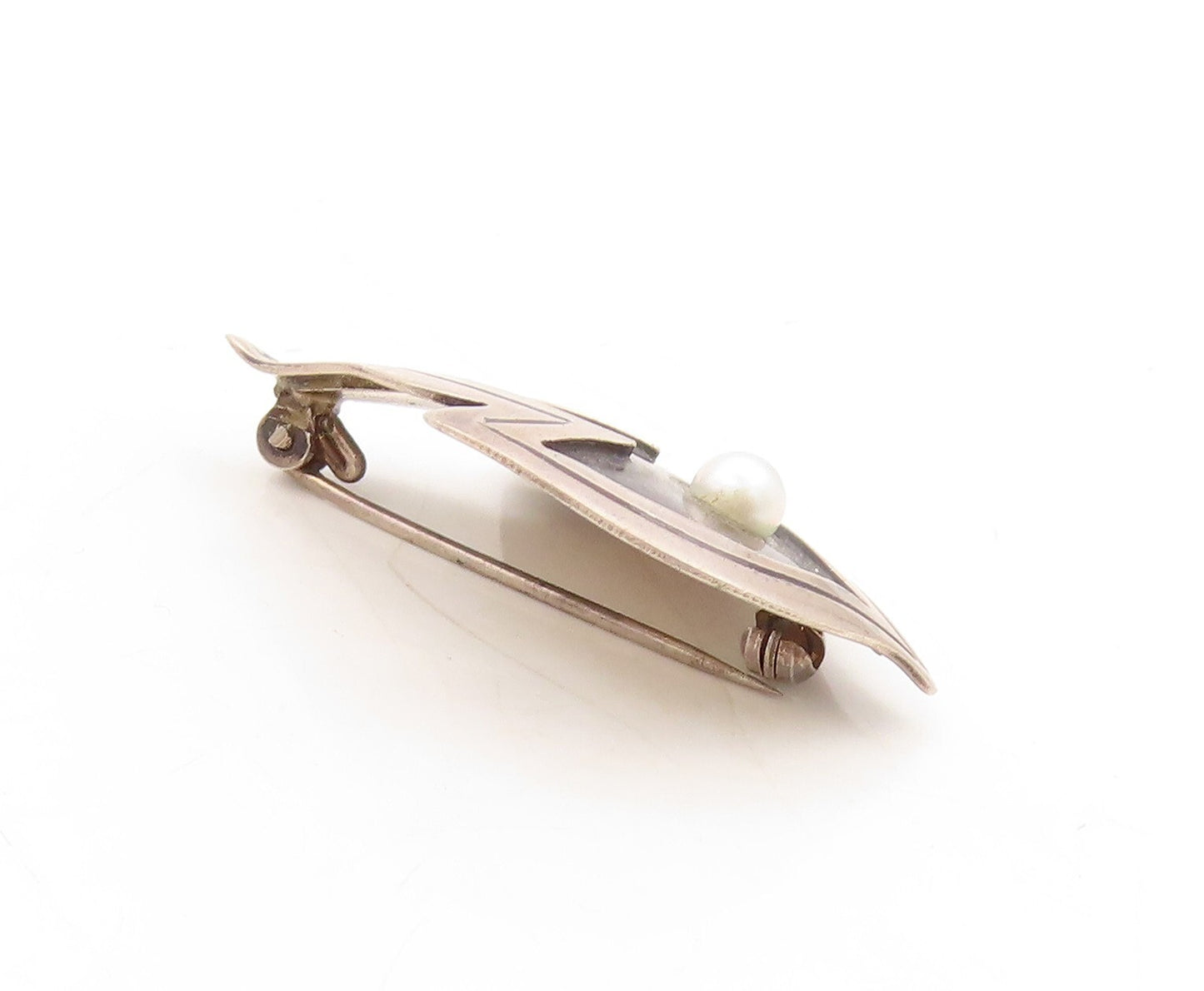925 Sterling Silver Vintage Brooch Pin Dark Tone Pearl Fire Design Cut  BP11317