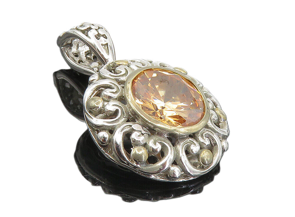 925 Sterling Silver  Peach Color Cubic Zirconia Two Tone Swirl Pendant  PT6485
