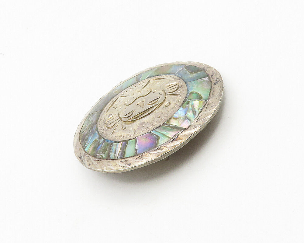MEXICO 925 Sterling Silver  Vintage Abalone Etched Face Brooch Pin  BP7341