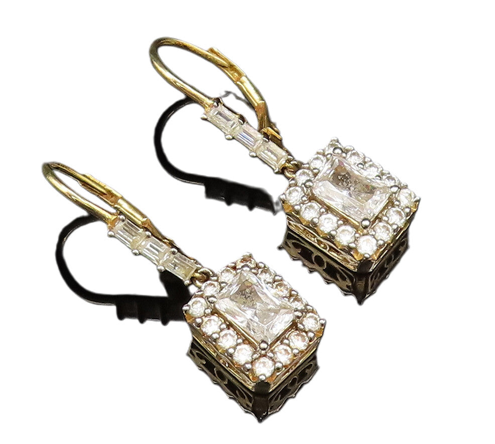 925 Silver  Vintage Elegant Gold Plated Topaz Square Frame Earrings  EG12072