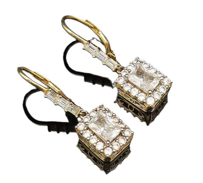 925 Silver  Vintage Elegant Gold Plated Topaz Square Frame Earrings  EG12072