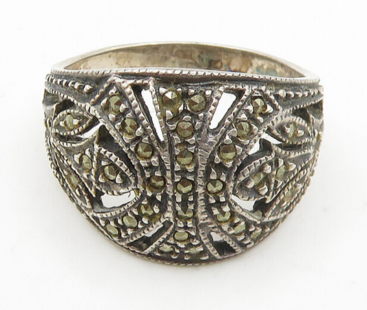 925 Sterling Silver  Vintage Marcasite Cutout Dome Band Ring Sz 7  RG18679