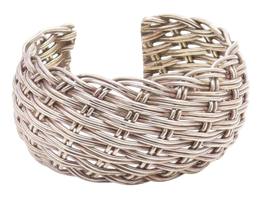 925 Sterling Silver Vintage Bracelet Modernist Basketweave Wide Cuff  BT11917