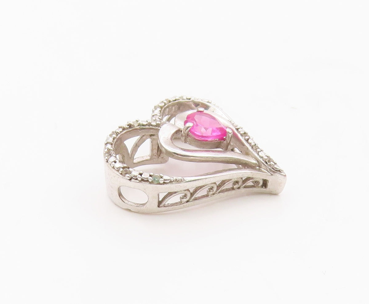 925 Silver  Vintage Double Love Heart Ruby & Genuine Diamonds Pendant  PT20487