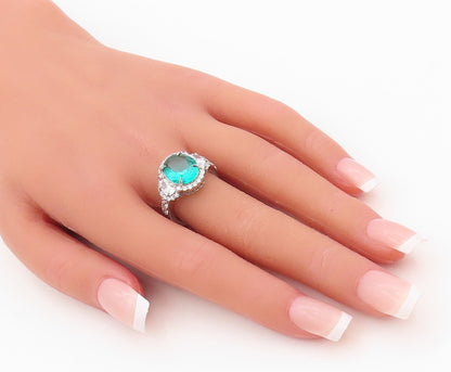 925 Sterling Silver Vintage Ring Oval Sea Green White & CZ Inlay  Sz 7  RG30369