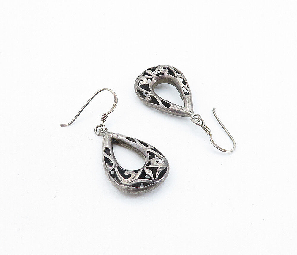 925 Sterling Silver  Vintage Dark Tone Swirl Tear Drop Dangle Earrings  EG2829