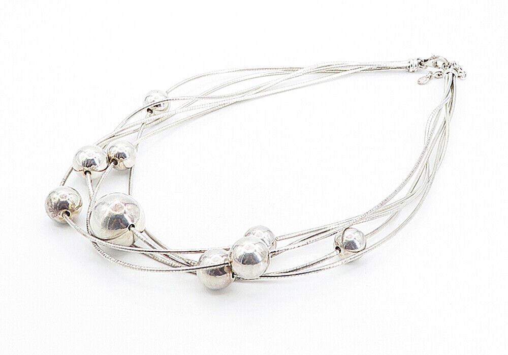925 Sterling Silver  Vintage Shiny Hollow Spheres Thin Chain Necklace  NE1337