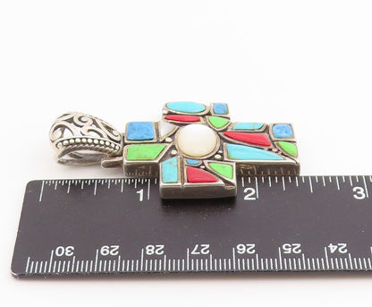 925 Sterling Silver Vintage Pendant Multi Gemstone Religious Cross  PT26534