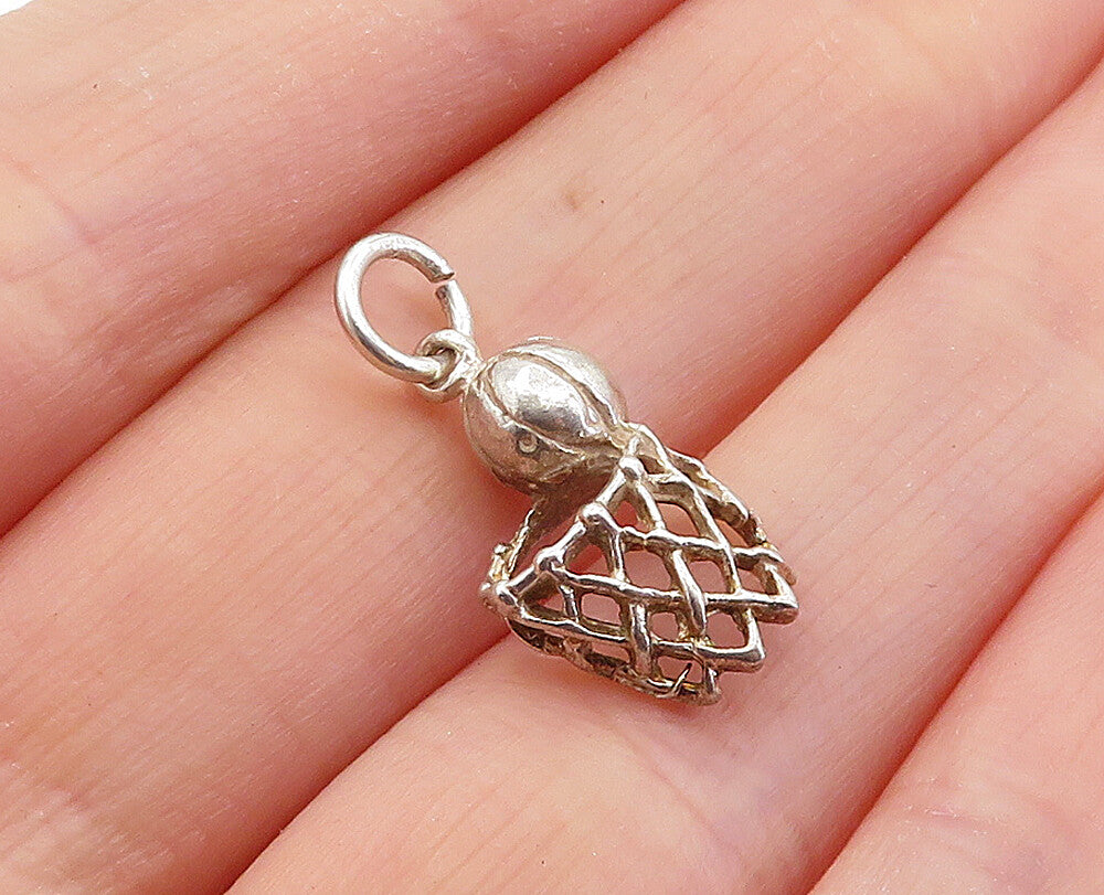 925 Sterling Silver  Vintage Petite Basketball & Hoop Sports Pendant  PT4059