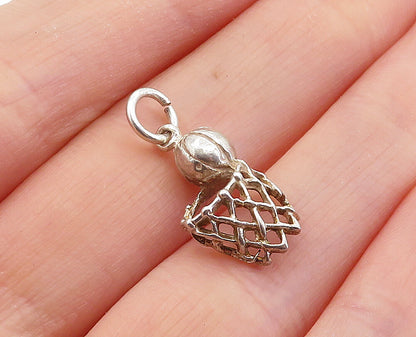 925 Sterling Silver  Vintage Petite Basketball & Hoop Sports Pendant  PT4059