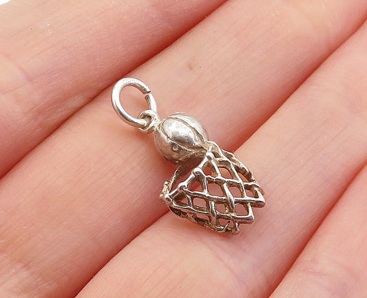 925 Sterling Silver  Vintage Petite Basketball & Hoop Sports Pendant  PT4059
