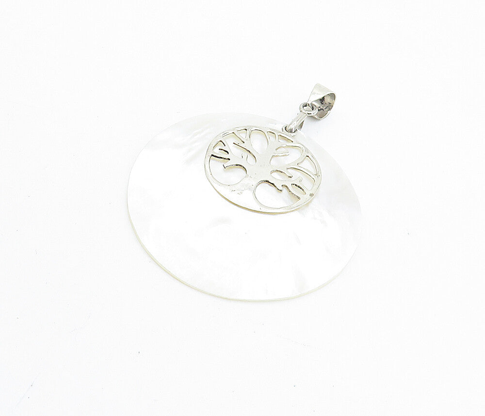 925 Sterling Silver  Shiny Round Mother Of Pearl Tree Of Life Pendant  PT5823