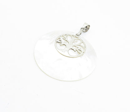 925 Sterling Silver  Shiny Round Mother Of Pearl Tree Of Life Pendant  PT5823