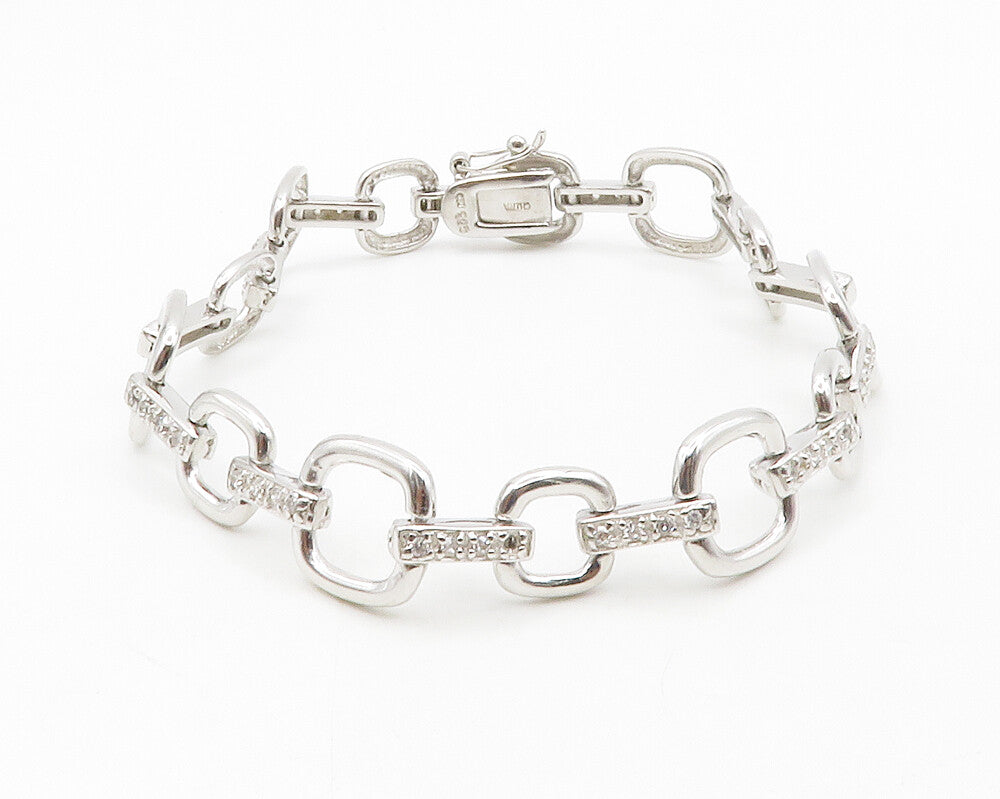 925 Sterling Silver  Shiny White Topaz Open Square Link Chain Bracelet  BT4986