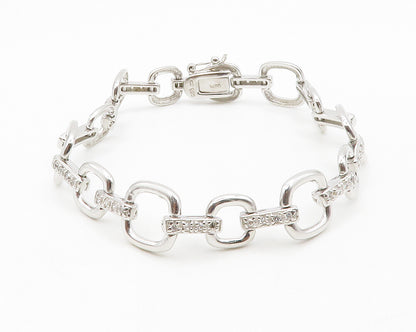 925 Sterling Silver  Shiny White Topaz Open Square Link Chain Bracelet  BT4986