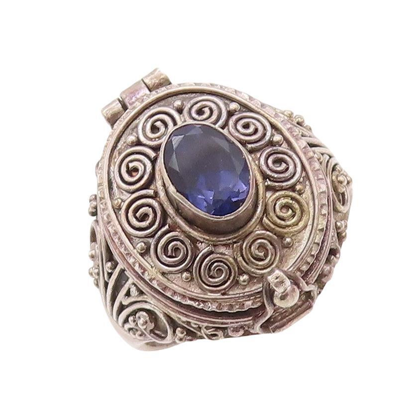 925 Sterling Silver Vintage Ring Spirals Carved Blue CZ (OPENS)  Sz 8  RG28629