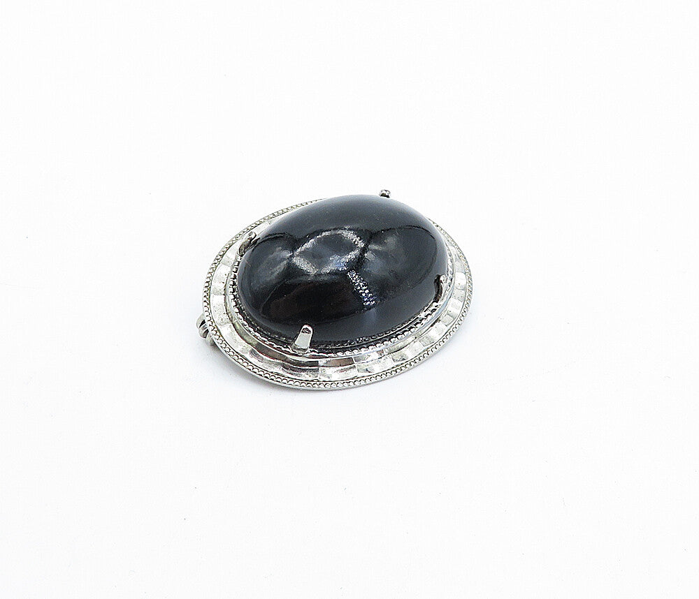 925 Sterling Silver  Vintage Cabochon Cut Black Onyx Oval Brooch Pin  BP1156