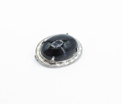 925 Sterling Silver  Vintage Cabochon Cut Black Onyx Oval Brooch Pin  BP1156