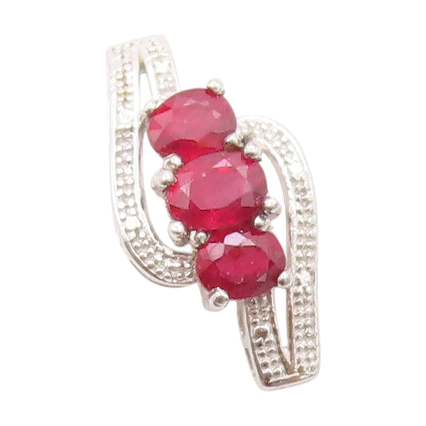 925 Sterling Silver Vintage Pendant Modernist Three Stone Ruby Charm  PT25035