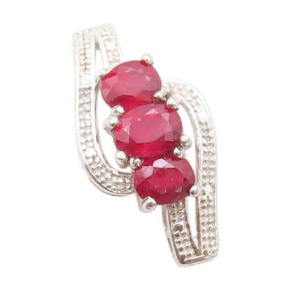 925 Sterling Silver Vintage Pendant Modernist Three Stone Ruby Charm  PT25035