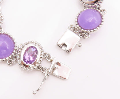 925 Sterling Silver Vintage Bracelet Oval & Round Amethyst Halo Beaded  BT10428