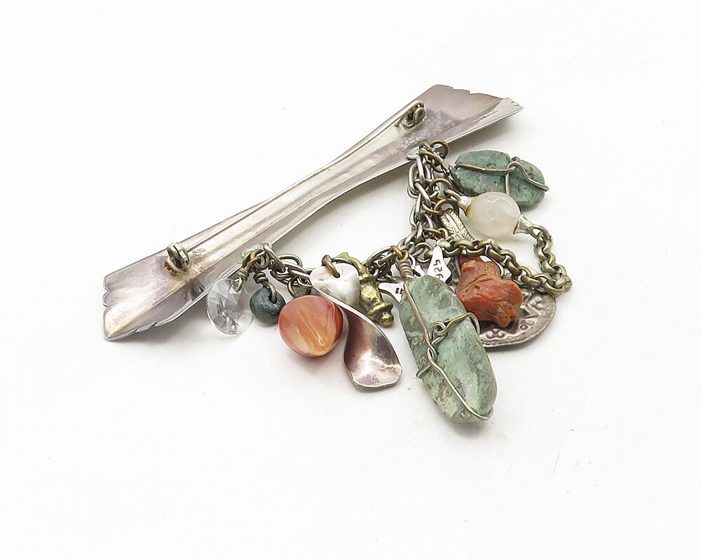 MEXICO 925 Silver  Vintage Antique Agate Turquoise & Topaz Brooch Pin  BP4099