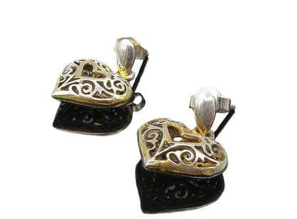 925 Sterling Silver  Vintage Two Tone Swirl Love Heart Drop Earrings  EG4703