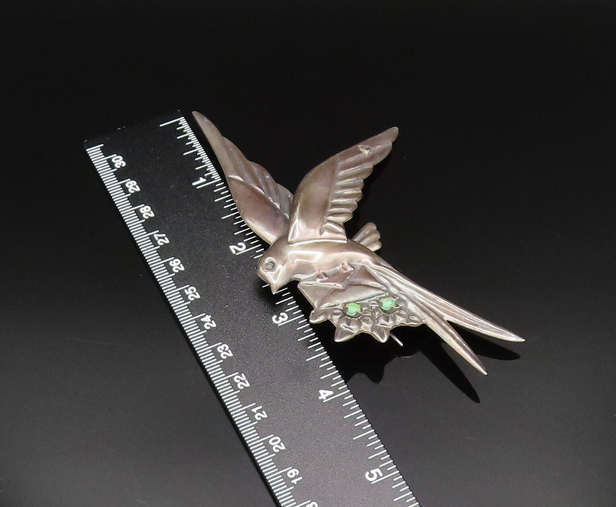 MEXICO 925 Silver  Vintage Antique Dove Bird Turquoise Mail Brooch Pin  BP9682