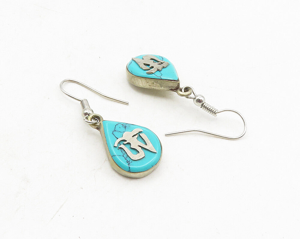 925 Sterling Silver  Vintage  Turquoise Om Symbol Dangle Earrings   EG5224