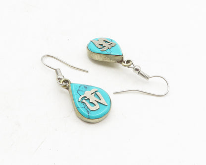 925 Sterling Silver  Vintage  Turquoise Om Symbol Dangle Earrings   EG5224