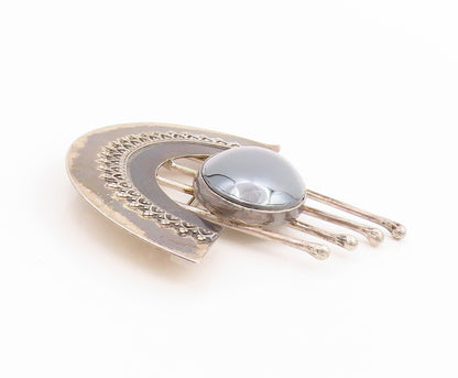 925 Sterling Silver Vintage Brooch Pin Oval Hematite Celestial Design  BP12531