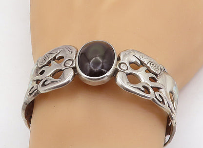 925 Sterling Silver  Vintage Black Agate Modernist Swirl Cuff Bracelet  BT2155