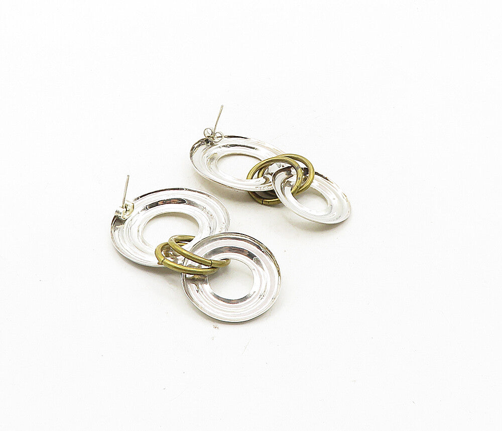 MEXICO 925 Sterling Silver  Vintage Shiny 2 Tone Linked Drop Earrings  EG4859
