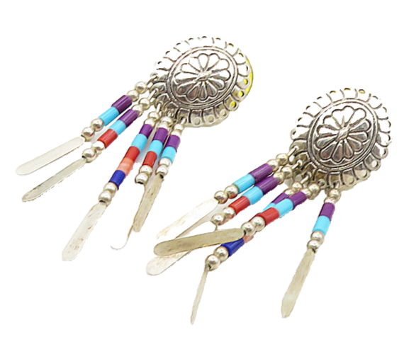 SOUTHWESTERN 925 Silver Vintage Multi Gemstone Floral Dangle Earrings EG4866