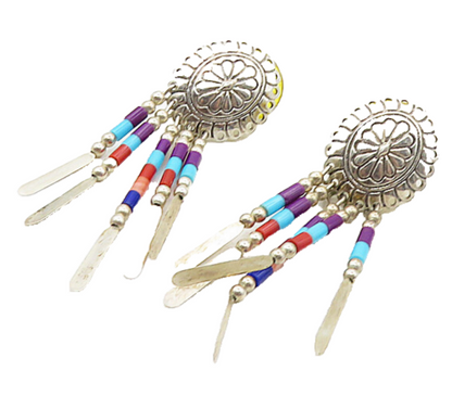 SOUTHWESTERN 925 Silver Vintage Multi Gemstone Floral Dangle Earrings EG4866