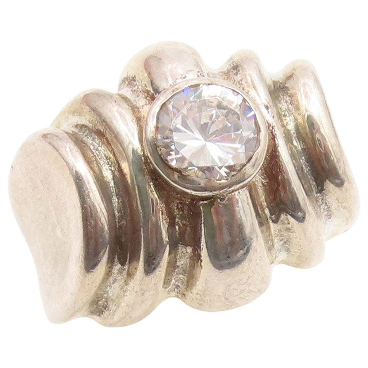 925 Sterling Silver Vintage Ring Round CZ Ribbed Statement Band  Sz 9  RG36700