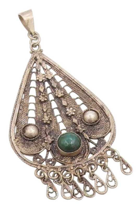 925 Sterling Silver Vintage Pendant Round Malachite Intricate Chandelier PT25449