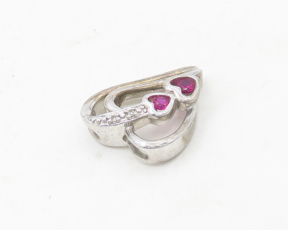 925 Silver  Vintage Genuine Diamonds & Pink Topaz Love Hearts Pendant  PT15149