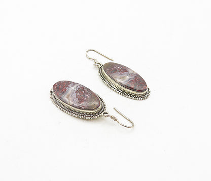 925 Sterling Silver  Vintage Agate Oval Twist Border Dangle Earrings  EG3895