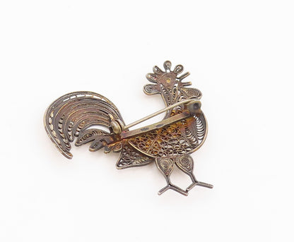 925 Sterling Silver Vintage Brooch Pin Intricate Filigree Rooster Bird  BP12370