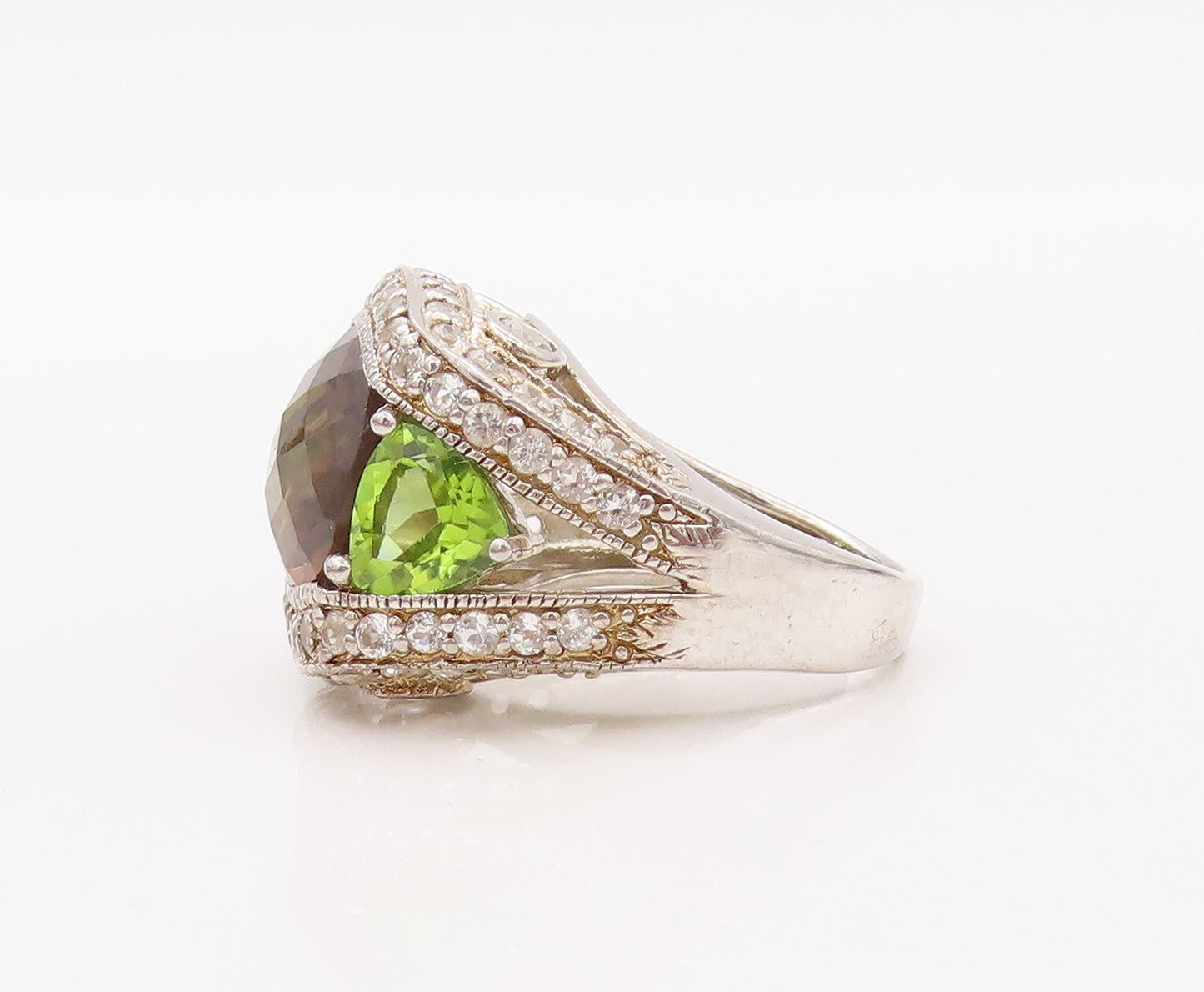 925 Sterling Silver Vintage Ring Designer Smoky Quartz CZ & Peridot Sz 7 RG30801