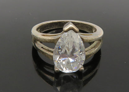 925 Silver  Vintage Tear Drop Cubic Zirconia Solitaire Ring Sz 7  RG22197