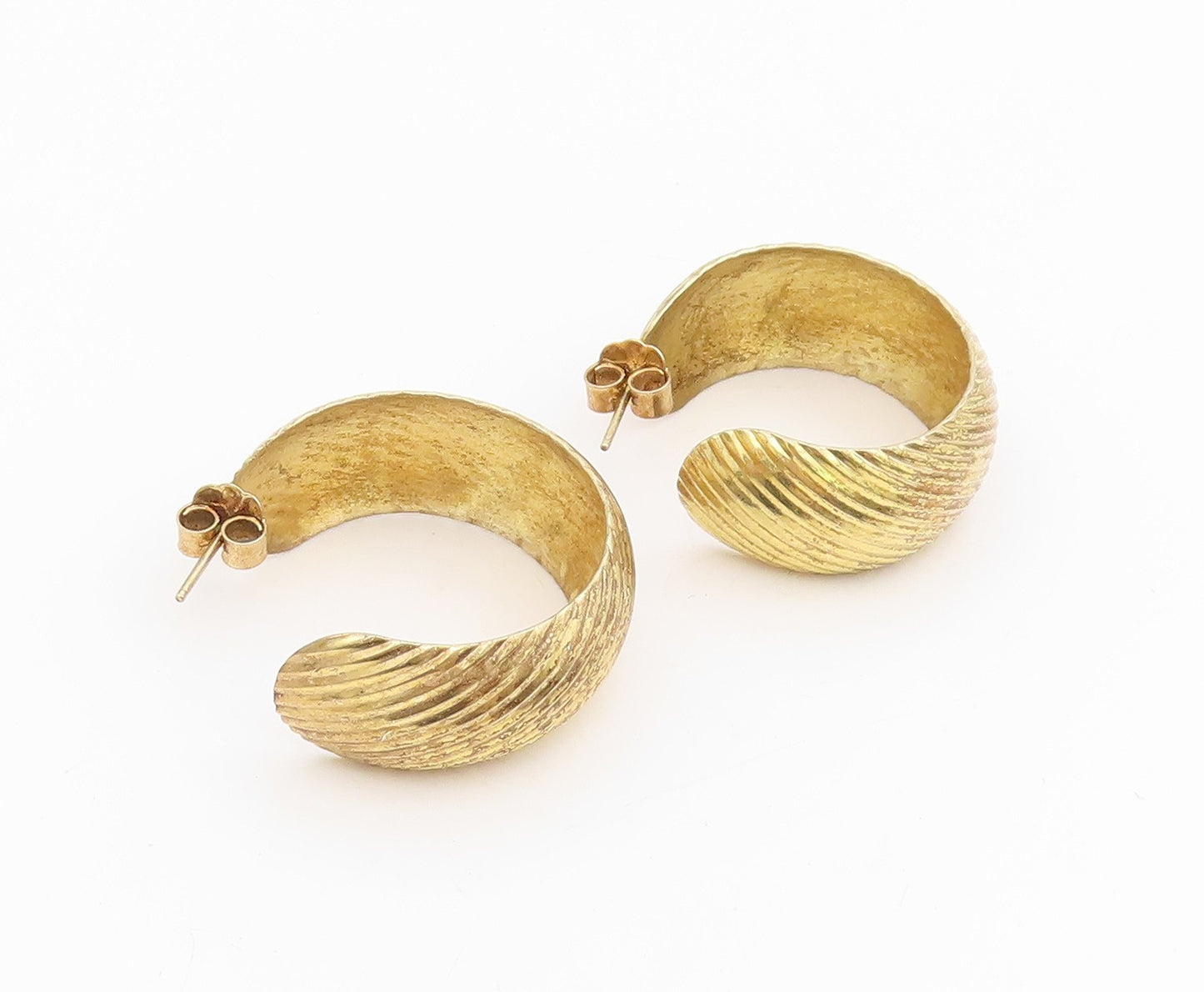 925 Sterling Silver Vintage Earrings Gold Plated Ribbed Statement Hoops  EG13922