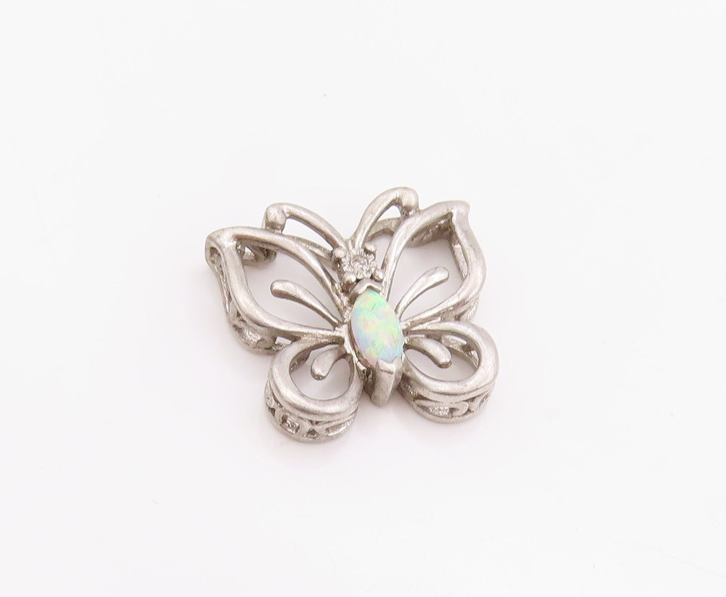 925 Sterling Silver Vintage Pendant Diamonds & Opal Cutout Butterfly  PT24692